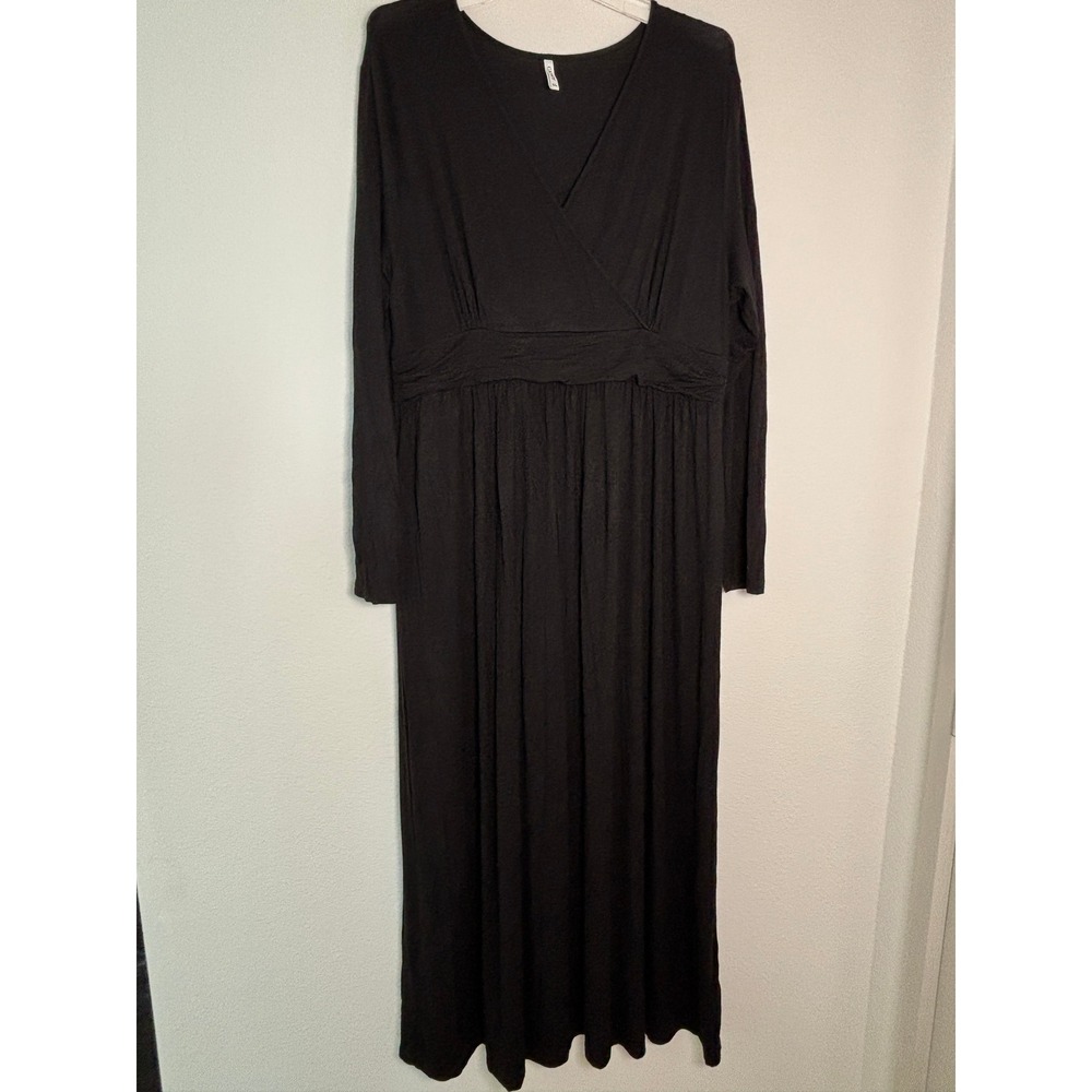 Cathy Black Long Sleeve Maxi Dress Surplice V-Neck Empire Waist Plus Size 3XL